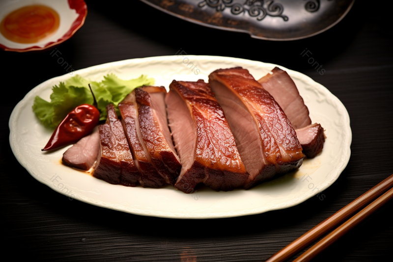 一份美味的腊肉肉食肉菜放在盘子里黑色背景,高清,摄影图,摄影图片,图片大全,摄影图免费下载